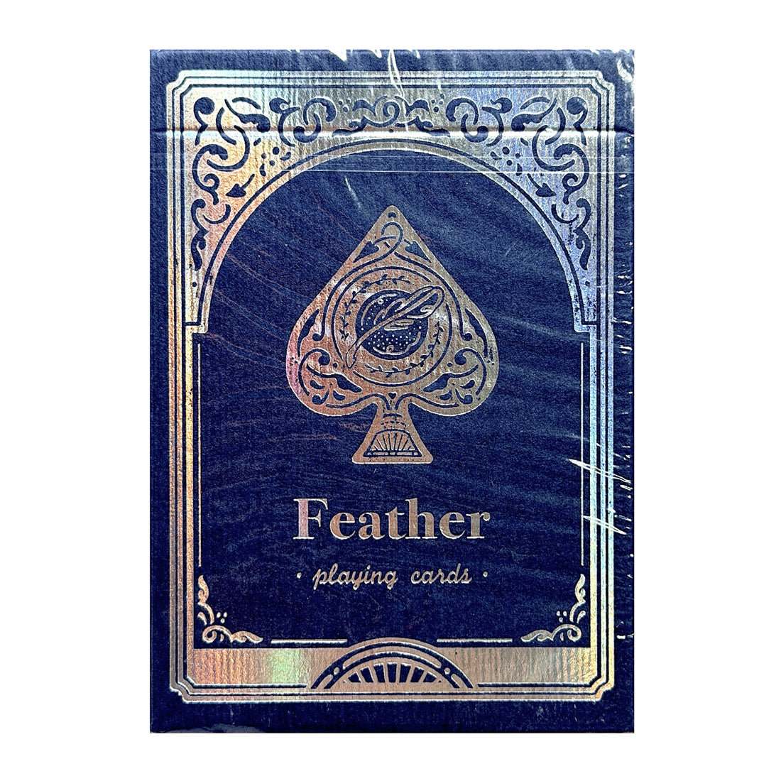 A sealed box of Feather Playing Cards featuring a dark navy blue cover with a metallic gold spade design and decorative border, wrapped in clear plastic.