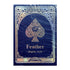 A sealed box of Feather Playing Cards featuring a dark navy blue cover with a metallic gold spade design and decorative border, wrapped in clear plastic.